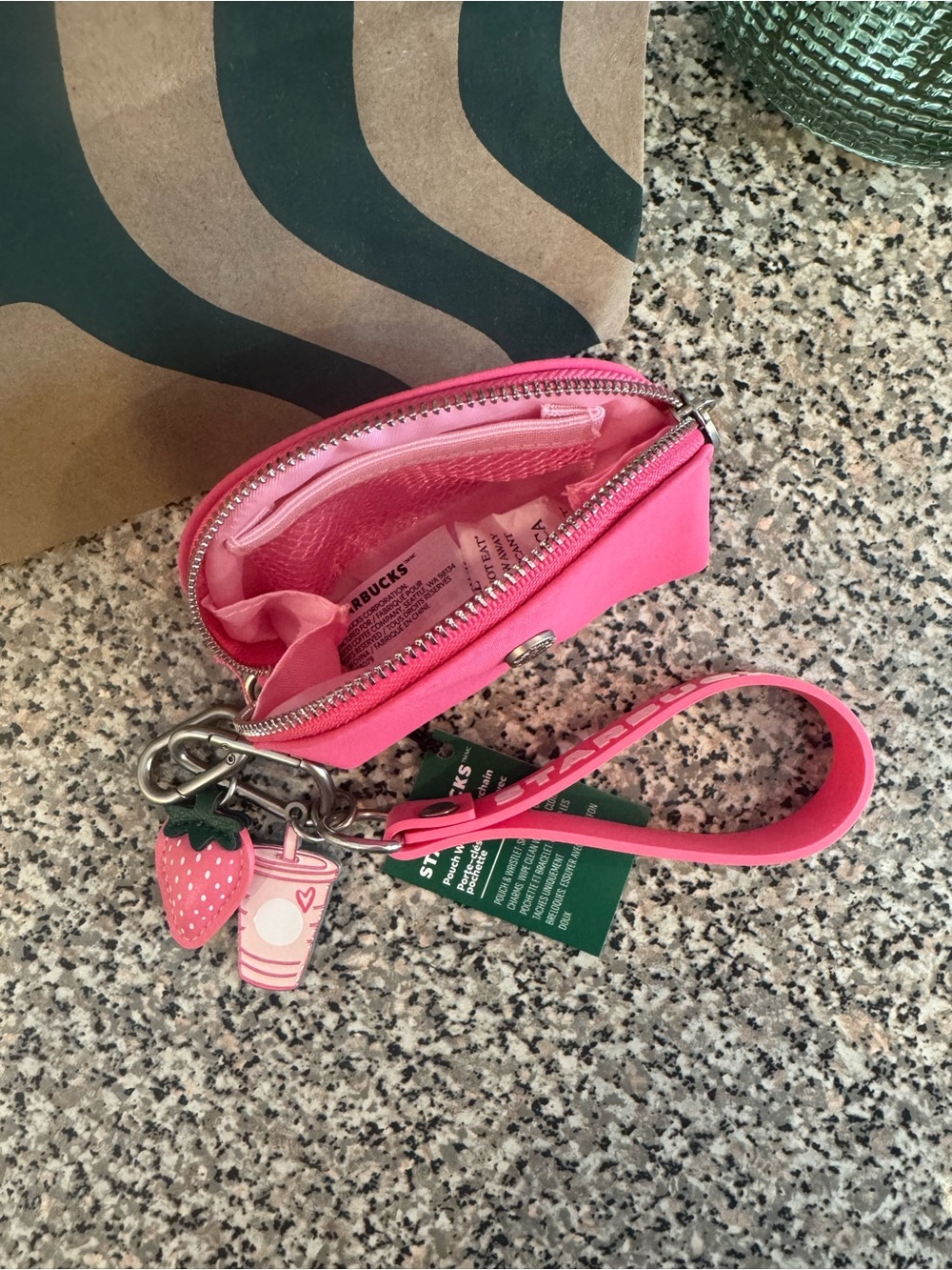 🍓NWT💖 Starbucks Hot Pink Wristlet Keychain Pouch with Strawberry & Cup Charms 🧋 - Picture 2 of 2